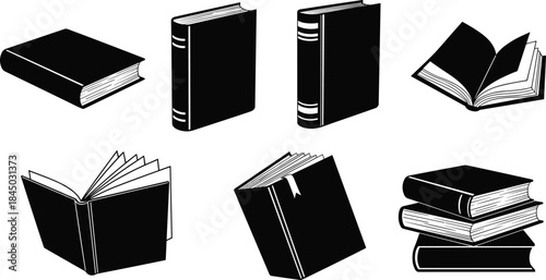 Book silhouette icons, black and white book set, open and closed book graphics, reading symbols, library clipart, vintage book pack