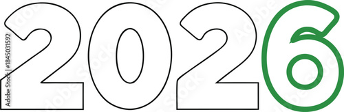 Outlined Numbers 2026 with Green Digit Six on White Background new year