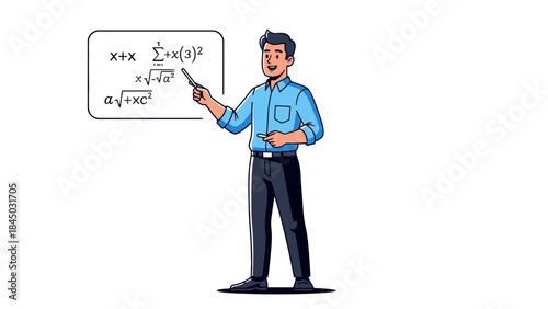Male teacher pointing at mathematical equations on a whiteboard