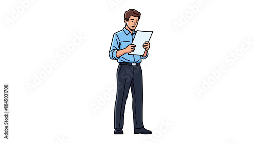Man in blue shirt and dark pants reading a white sheet of paper