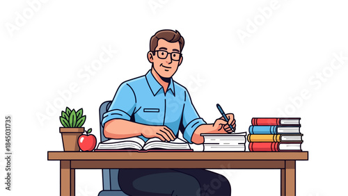Man with glasses writing at a desk with books a plant and an apple