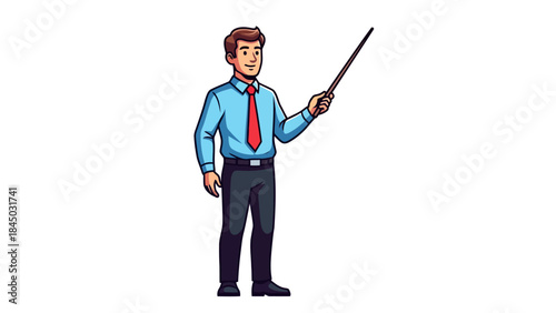 Pixel art businessman in a blue shirt and red tie pointing with a stick