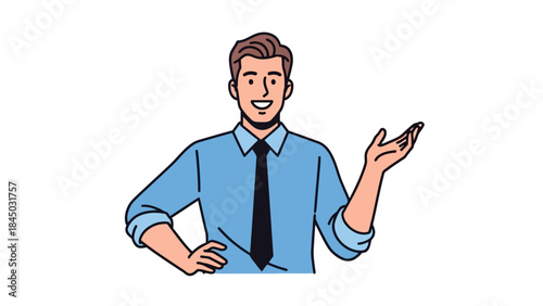 Smiling businessman in a blue shirt gesturing with open hand