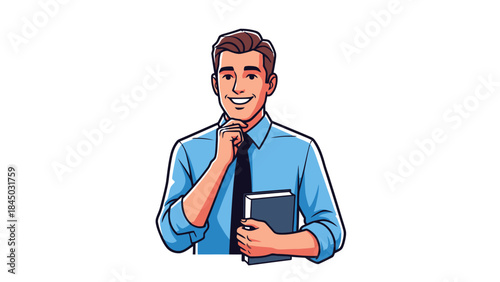 Smiling man in a blue shirt holding a dark book hand on chin