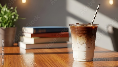 Iced Coffee with Books and Plant on Table