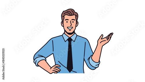 Smiling businessman in a blue shirt gesturing with open hand