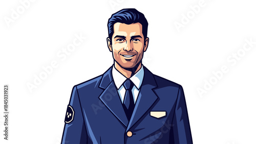 Pixelated portrait of a smiling man in a dark blue uniform jacket
