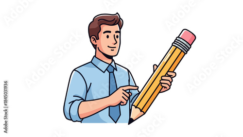Businessman holding an oversized yellow pencil pointing at it