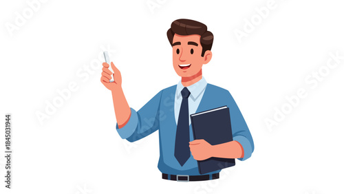 Smiling man in business attire holding chalk and a folder