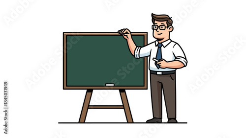 Cartoon male teacher standing by a green chalkboard holding chalk