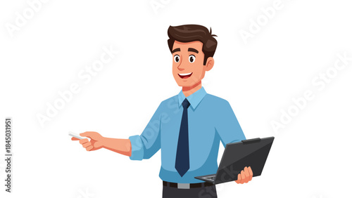 Smiling man in blue shirt holding chalk and laptop