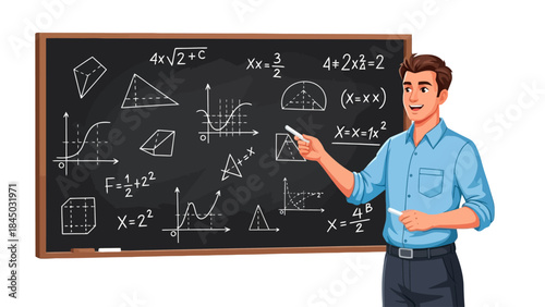 Male teacher pointing at a blackboard filled with mathematical equations and diagrams