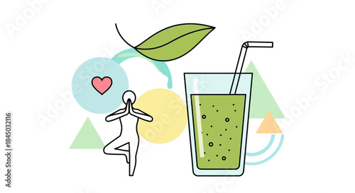 Harmony in a Healthy Ritual: A serene scene featuring a refreshing green juice, complemented by the practice of yoga, a symbolic heart, and a vibrant green leaf.