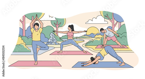 Yoga Practice in the Park: A tranquil park scene, where individuals engage in various yoga poses, demonstrating balance, flexibility, and mindfulness amidst a serene, natural environment. 