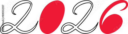 Stylized Numbers 2026 with Red Oval and Red Digit Six on White new year