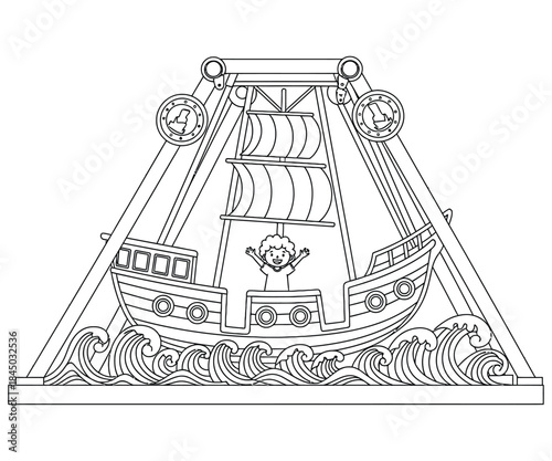 Line art drawing of a pirate ship swing ride at amusement park