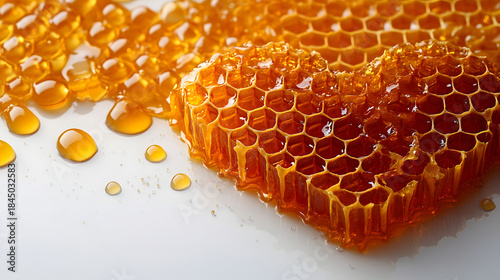 Honeycomb shaped like a heart with spilled honey on a white surface at noon