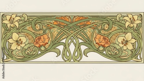 Art Nouveau Floral Ornament with Daffodils and Poppies.
