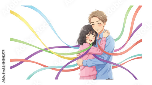 Gentle Embrace, Colorful Bonds: In this heartwarming illustration, a couple shares a tender embrace. Colorful ribbons intertwine, symbolizing the beautiful bonds between them.