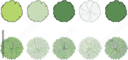 Collection of Architectural Tree Top-Down View Icons in Various Shades of Green, Ideal for Landscape Design, Floor Plans, and Map Elements.