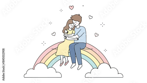 A Moment of Affection: A loving couple embraces tenderly, seated upon a vibrant rainbow, surrounded by floating hearts, evoking a sense of dreamy romance and pure happiness.