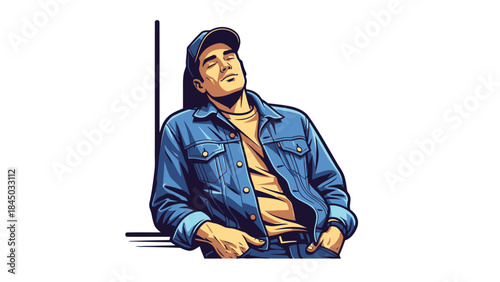 Young man in denim jacket and cap relaxed leaning against a wall line eyes closed hands in pockets