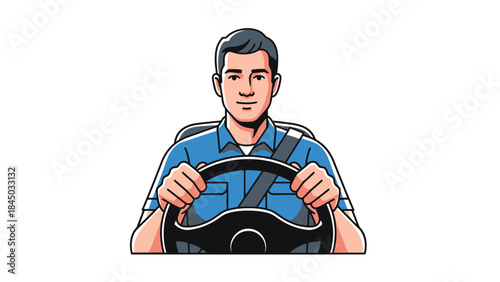 Cartoon man in blue shirt driving gripping a steering wheel secured by a seatbelt