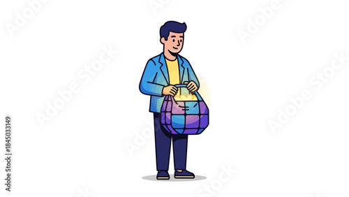 Illustrated man in a blue jacket holding a large colorful checkered shopping bag filled with yellow contents