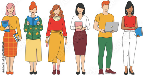 Diverse group of students and young professionals holding books and laptop, flat illustration of education and study concept