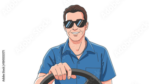 Illustration of a smiling man in blue shirt sunglasses holding a steering wheel pixel art style