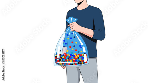 Illustration of a person holding a clear plastic sack filled with multicolored square objects
