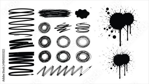 Set of black and white hand-drawn vector illustrations featuring ink brush strokes, scribbles, paint splatters, and grunge design elements 

