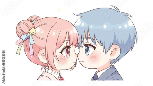 Sweet Affection: Animated couple share a tender moment, eyes locked in a display of romanticism and admiration. The soft hues and simple lines convey a sense of pure, innocent affection.