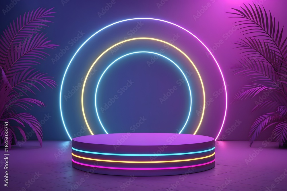 Obraz premium Empty purple neon podium with glowing circles and tropical plants in a futuristic studio setting