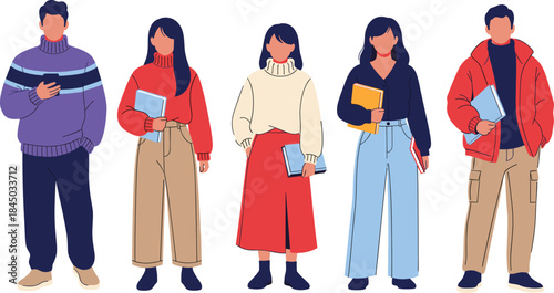 Group of students holding books, modern flat illustration of young people in casual clothes, education and learning concept