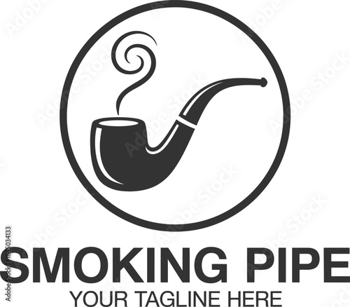 Minimalist smoking pipe logo design template with black and white elements and circular frame