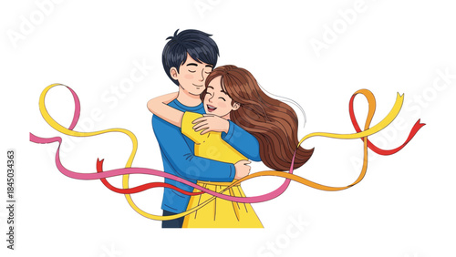 Embracing Love's Embrace: A tender illustration depicts a couple sharing a loving embrace, hearts intertwined with ribbons, radiating warmth and affection.