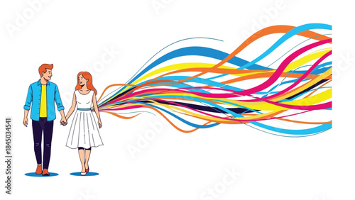 Vibrant Connection: A couple strolls hand in hand, their bond symbolized by a cascade of colorful waves that mirrors their shared emotions and dreams.