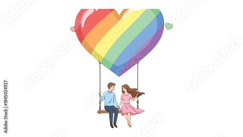 Love and Rainbow: An illustration captures the essence of love and inclusivity, with a couple embracing the moment of romance, gently swinging below a vibrant rainbow heart.