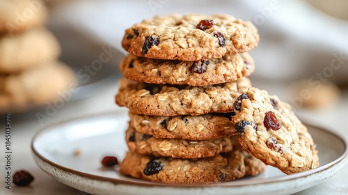 A stack of oatmeal cookies on a plate, with one cookie crumbled on the side, showing the chewy texture with raisins and oats, homemade comfort, soft natural light. 