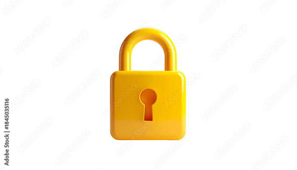 Naklejka premium A stylized, cartoonish yellow padlock against a pure black backdrop
