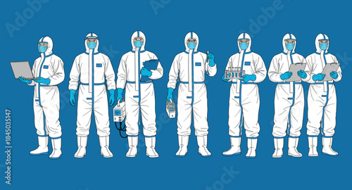 Medical workers in full protective suits wearing PPE holding equipment and documents during epidemic or pandemic response flat vector illustration