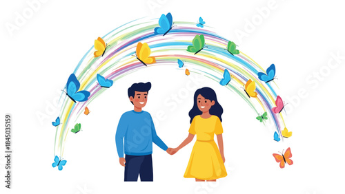 Couple and Butterflies: a happy couple stand hand in hand as they are surrounded by butterflies under rainbow.