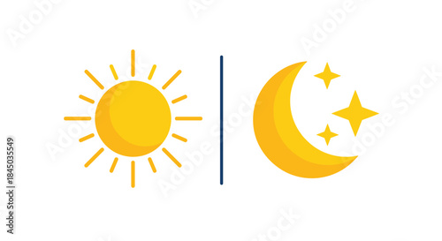 Simple flat icons of a bright sun and a crescent moon with stars to represent the concept of day and night or opposites.