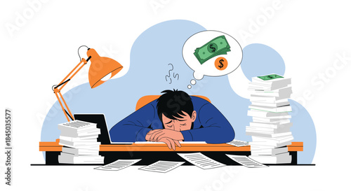 An overworked and stressed businessman sleeping at his desk surrounded by paperwork and dreaming about earning more money.
