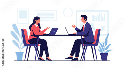 A man and woman having a professional business meeting or job interview in a modern office setting with laptops on the desk.