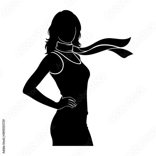 Silhouette of a woman wearing a scarf isolated on white background