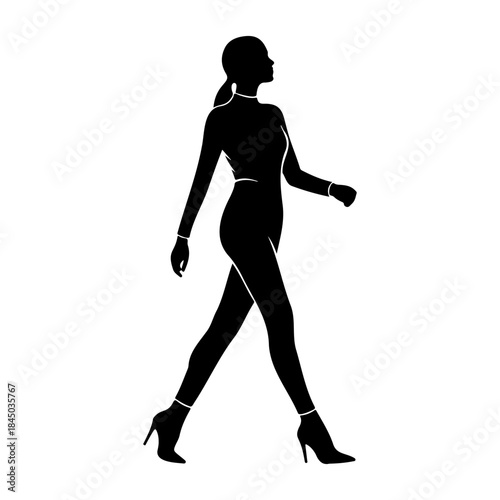 Black silhouette of a woman in a bodysuit walking on white background