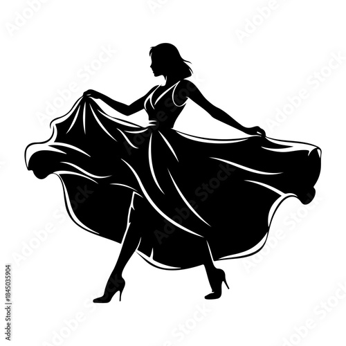 Silhouette of a woman in a flowing dress isolated on white background
