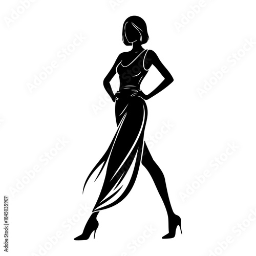 Silhouette of a confident woman in a long dress isolated on white background